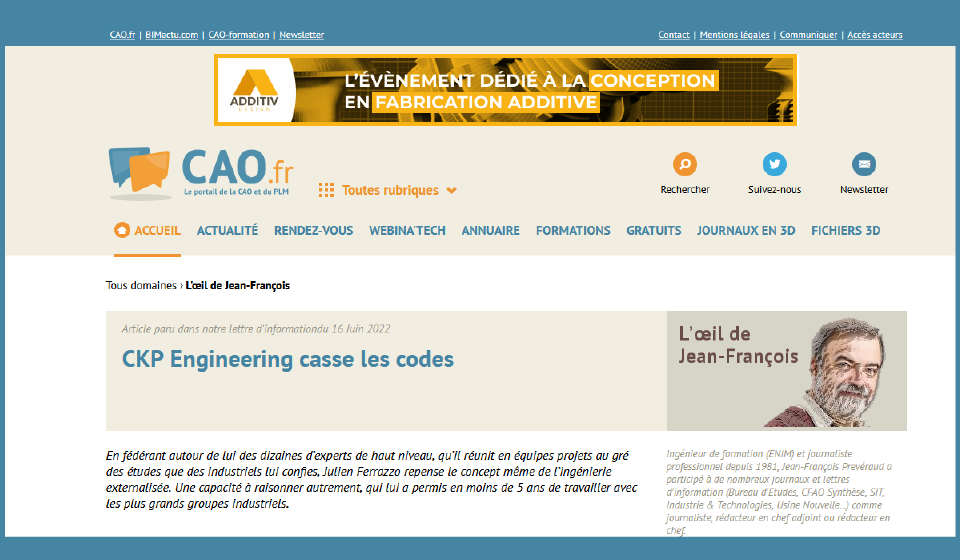 capture d'un article au sujet de CKP Engineering sur le site site web cao.fr